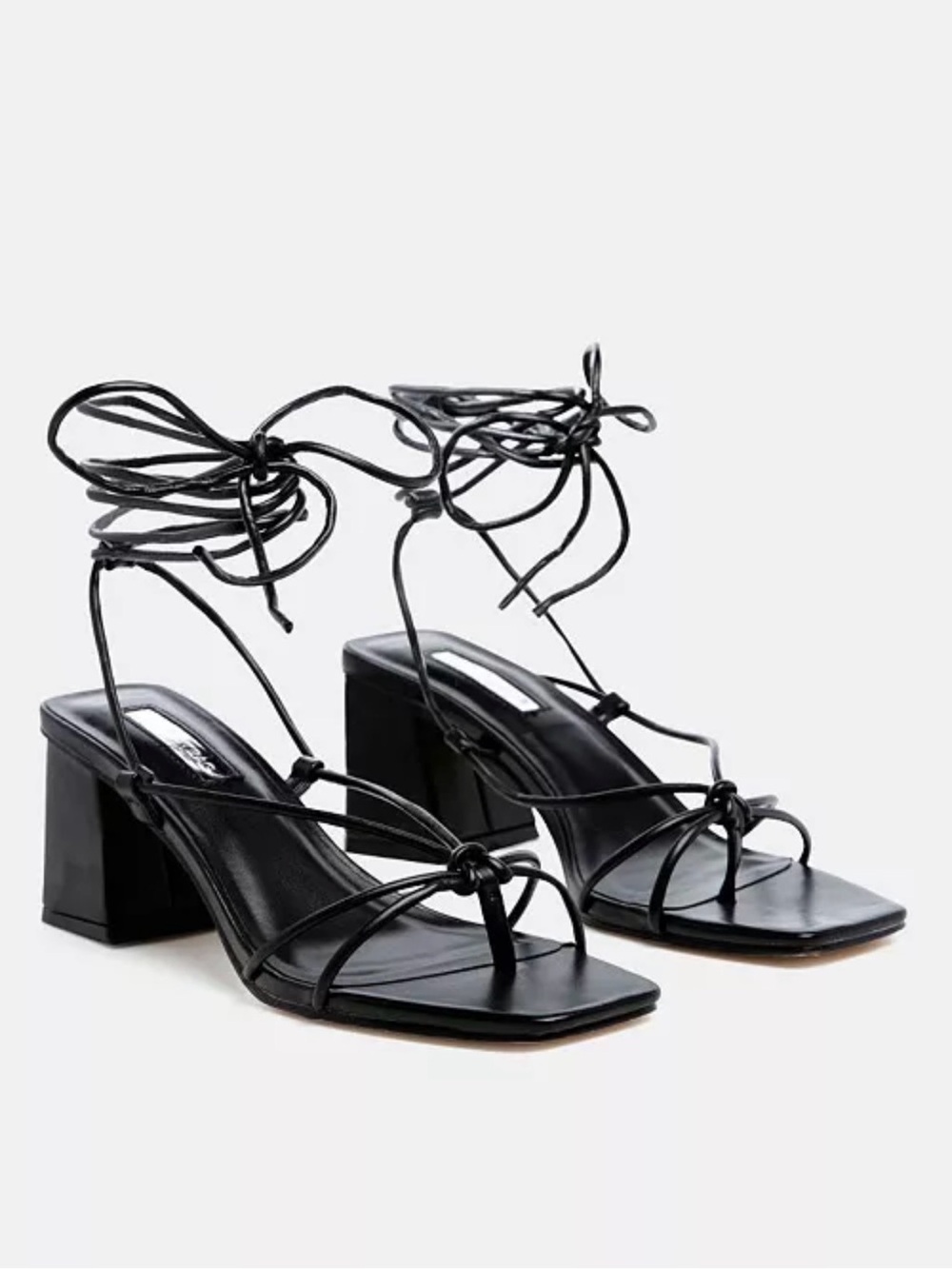 Black Lace-Up Square Toe Block Heel Sandals